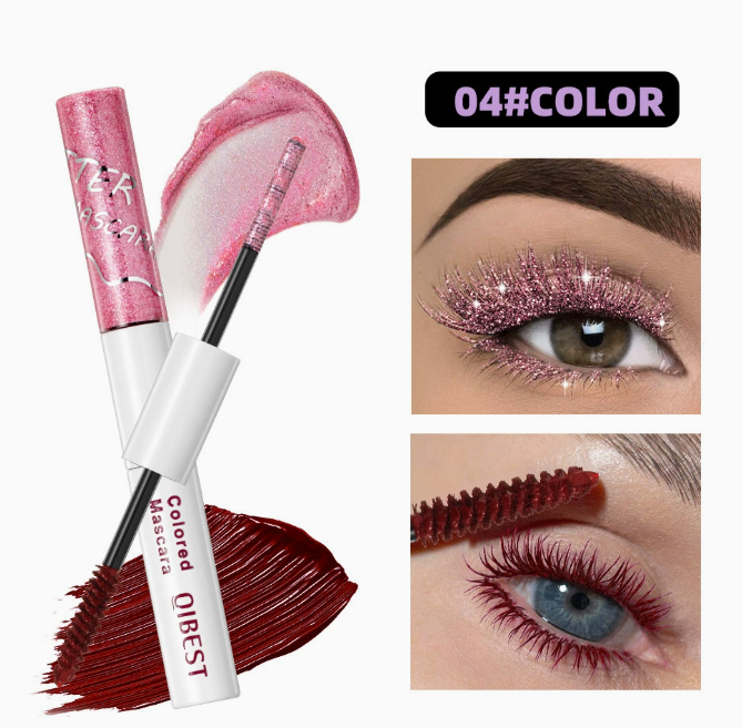 2 in 1 Dual End Mascara with Colored Shimmer and Matte Finish, Waterproof & Smudge Proof in a pink shimmer and deep red shade, shown applied on lashes with glitter and matte effects for a bold eye look.