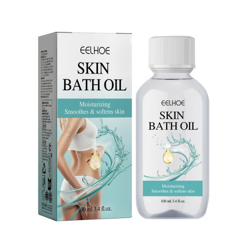 EELHOE Skin Bath Oil, Body Cleansing And Repairing Skin Moisturizing And Lubricating Skin Care Bath Oil with moisturizing formula shown in clear bottle and packaging featuring smooth skin illustration.