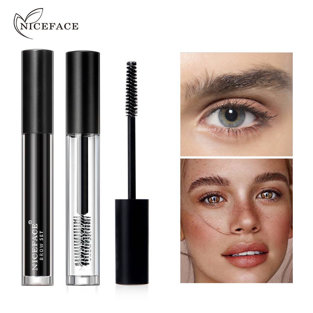 Clear Eyebrow Gel Waterproof Sweatproof Long Lasting Black Eyebrow Treatment Styling Liquid shown with brush applicator and close-up images of styled eyebrows highlighting natural beauty and grooming.