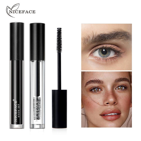 Clear Eyebrow Gel Waterproof Sweatproof Long Lasting Black Eyebrow Treatment Styling Liquid shown with brush applicator and close-up images of styled eyebrows highlighting natural beauty and grooming.
