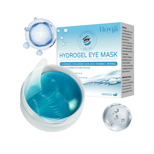 Hoygi Retinol Eye Mask Patches displayed with blue hydrogel patches in an open container beside the product box, highlighting skincare ingredients and eye care benefits.