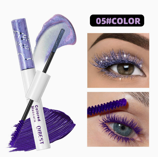 2 in 1 Dual End Mascara with Colored Shimmer and Matte Finish, Waterproof & Smudge Proof in vibrant purple shade shown with application on lashes featuring shimmer and matte effects for a bold and trendy look.
