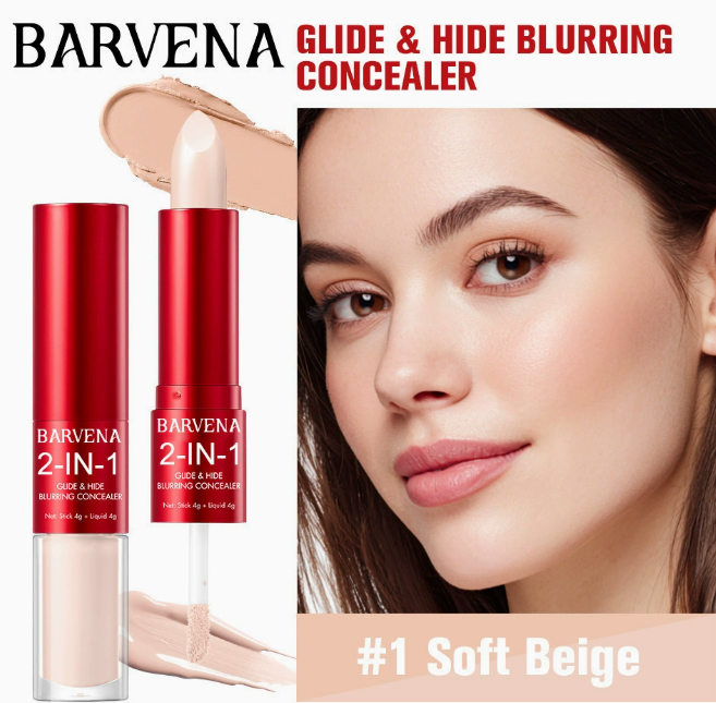 Close-up of a woman with flawless skin showcasing Concealer Natural Finish Lightweight Blendable Oil Control Long Lasting Non Greasy Skin Tone Correcting in soft beige shade with the product visible in sleek red packaging.