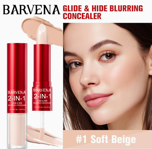 Close-up of a woman with flawless skin showcasing Concealer Natural Finish Lightweight Blendable Oil Control Long Lasting Non Greasy Skin Tone Correcting in soft beige shade with the product visible in sleek red packaging.