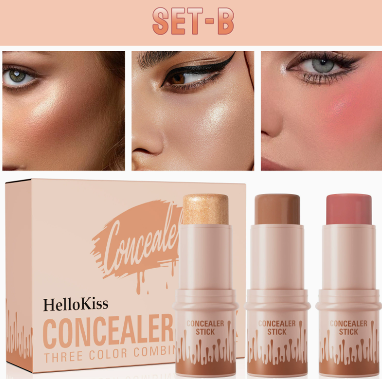 HelloKiss 3-in-1 Contouring Stick Set - All-in-One Highlight, Contour & Blush for a Sculpted Face showing creamy highlight, contour, and blush sticks with smooth application on cheeks for a natural, radiant finish.