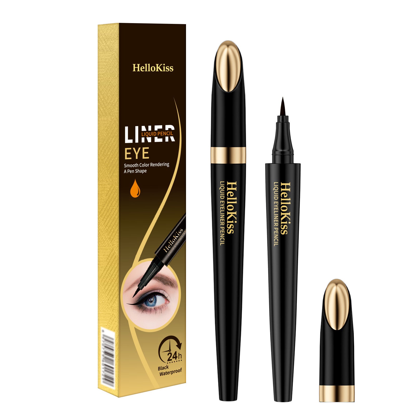 HelloKiss Waterproof Eyeliner Pen - Quick-Dry, Smudge-Proof Liquid Eyeliner in Black and Brown with sleek black and gold packaging, designed for precise eye makeup application.