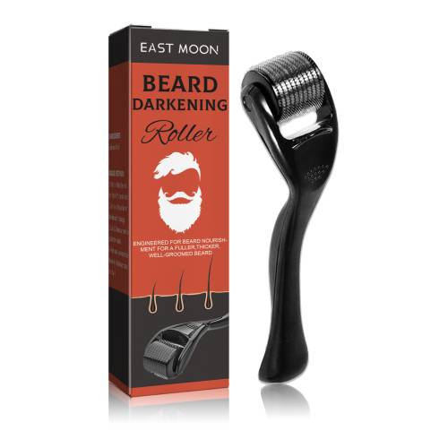 East Moon Beard Roller with ergonomic black handle and microneedle roller beside packaging designed for beard darkening and nourishment.