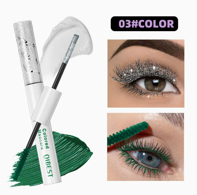 2 in 1 Dual End Mascara with Colored Shimmer and Matte Finish, Waterproof & Smudge Proof featuring silver shimmer and green matte mascara applicators with eye makeup examples.