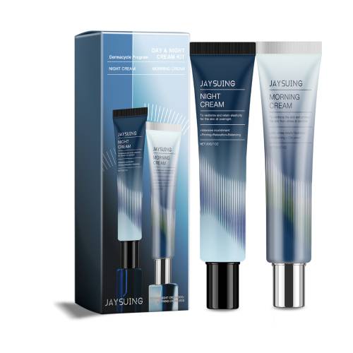 Jaysuing Day & Night Cream Set featuring moisturizing night cream and revitalizing morning cream in sleek blue gradient tubes for skincare and beauty routine.