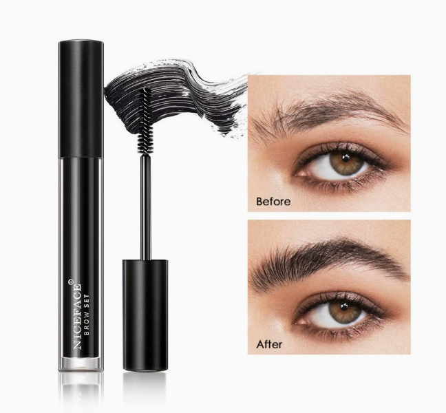 Clear Eyebrow Gel Waterproof Sweatproof Long Lasting Black Eyebrow Treatment Styling Liquid shown in black packaging with brush applicator and before and after images highlighting fuller, defined eyebrows for women's beauty and fashion.