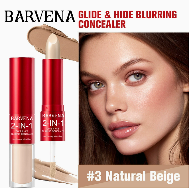 Close-up of a woman with flawless skin demonstrating the effect of Concealer Natural Finish Lightweight Blendable Oil Control Long Lasting Non Greasy Skin Tone Correcting in shade #3 Natural Beige, alongside the product packaging in red with applicator and stick.