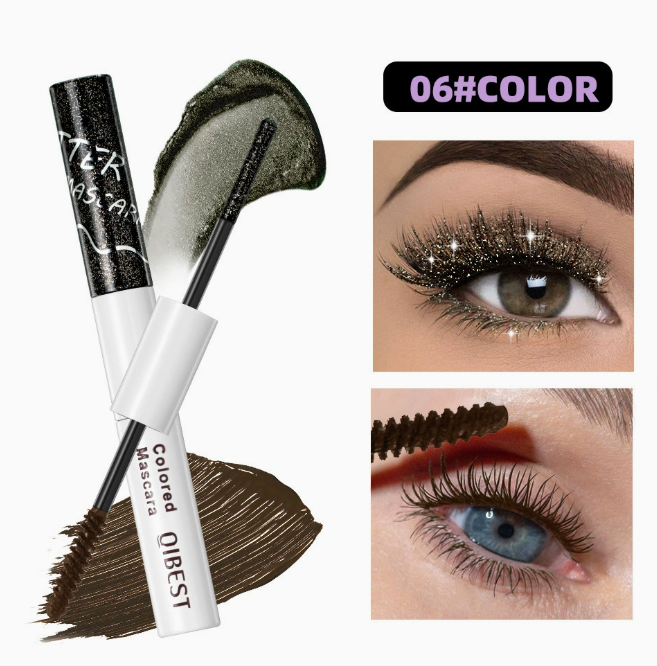 2 in 1 Dual End Mascara with Colored Shimmer and Matte Finish, Waterproof & Smudge Proof in shimmering dark brown shade, shown on eye with glittery shimmer lashes and natural matte lashes.
