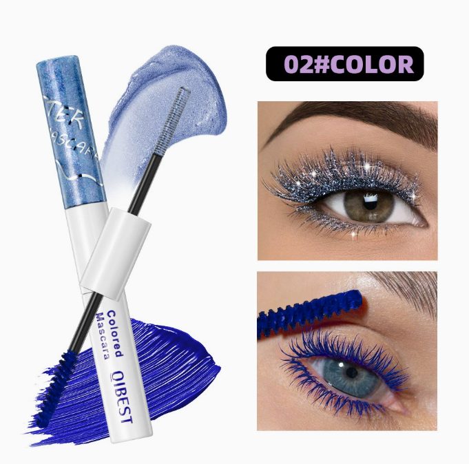 2 in 1 Dual End Mascara with Colored Shimmer and Matte Finish, Waterproof & Smudge Proof in vibrant blue showing shimmer and matte application on eyelashes with detailed close-ups.