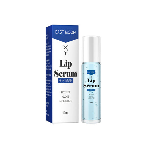 EAST MOON Lip Essence Rolling Lotion, Moisturize And Fade Lip Lines, Prevent Dry Crack And Dead Skin, Plump And Moisturize Lips displayed with blue and white packaging and clear serum bottle for men's lip care.