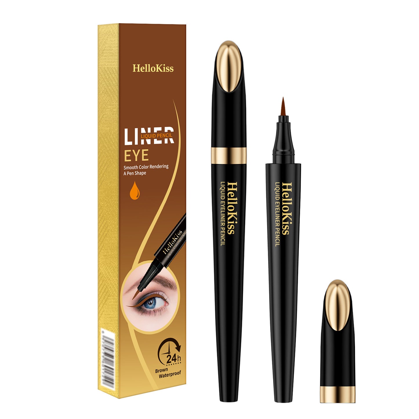 HelloKiss Waterproof Eyeliner Pen - Quick-Dry, Smudge-Proof Liquid Eyeliner in Black and Brown with sleek black and gold packaging next to its box featuring an eye illustration.