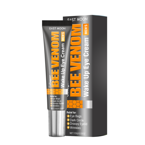 East Moon Men's Firming Eye Cream Bee Venom tube and box packaging emphasize relief for eye bags, dark circles, droopy eyelids, and wrinkles with a modern black and orange design.