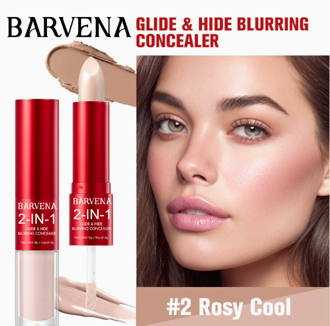 Close-up of a woman with clear skin next to a red concealer tube and applicator labeled #2 Rosy Cool, showcasing Concealer Natural Finish Lightweight Blendable Oil Control Long Lasting Non Greasy Skin Tone Correcting product.