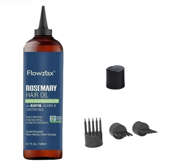 Rosemary Hair Oil with Brush by Flowzlax in an amber bottle with a pointed applicator tip, cap, and three detachable black hairbrush attachments for volumizing and strengthening hair.