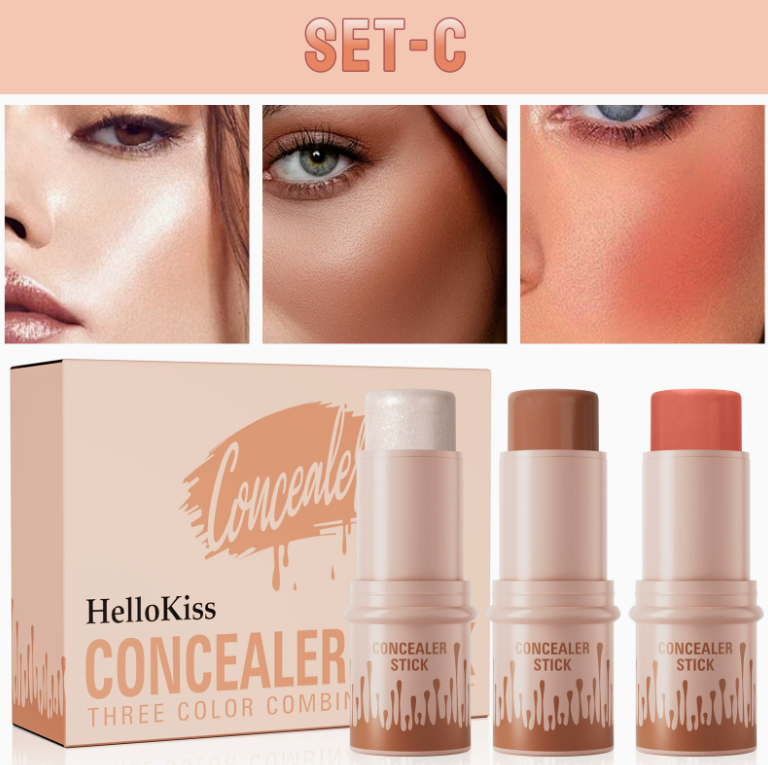 HelloKiss 3-in-1 Contouring Stick Set - All-in-One Highlight, Contour & Blush for a Sculpted Face showing three concealer sticks in light, medium, and coral shades with examples of highlighted, contoured, and blushed skin.