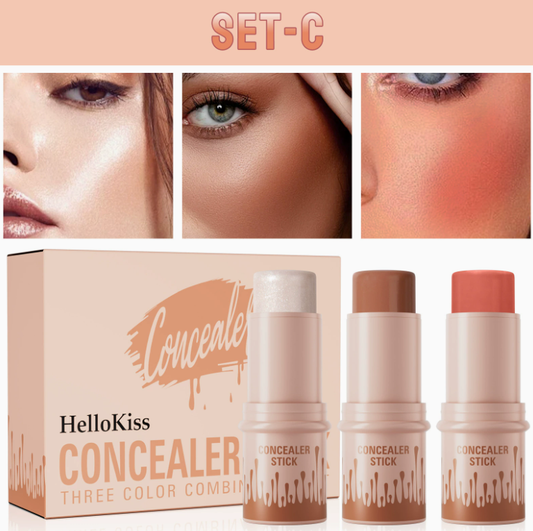 HelloKiss 3-in-1 Contouring Stick Set - All-in-One Highlight, Contour & Blush for a Sculpted Face showing three concealer sticks in light, medium, and coral shades with examples of highlighted, contoured, and blushed skin.