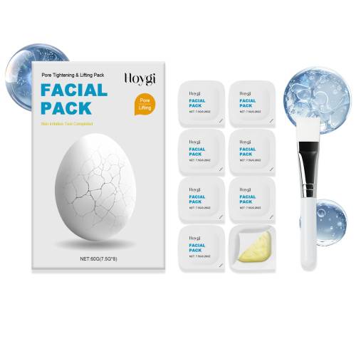 Hoygi Full Face Treatment Mask facial pack kit with individual pods and applicator brush, designed for pore tightening and lifting in skincare routine.