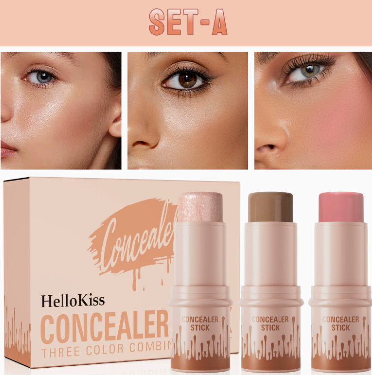 HelloKiss 3-in-1 Contouring Stick Set - All-in-One Highlight, Contour & Blush for a Sculpted Face showing three concealer sticks in neutral, bronze, and pink shades with close-up views of smooth, glowing, and contoured skin.