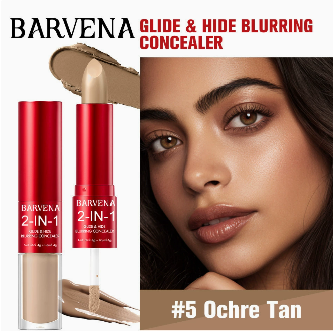 Close-up of a woman with smooth, even skin wearing Concealer Natural Finish Lightweight Blendable Oil Control Long Lasting Non Greasy Skin Tone Correcting in shade #5 Ochre Tan, beside the product showing a red tube with a beige cream concealer and applicator.