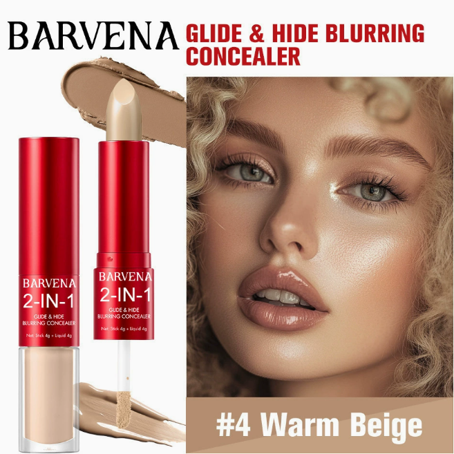 Barvena 2-in-1 glide and hide blurring concealer in warm beige shade with sleek red packaging, highlighting smooth, radiant skin and natural makeup finish using Concealer Natural Finish Lightweight Blendable Oil Control Long Lasting Non Greasy Skin Tone Correcting.