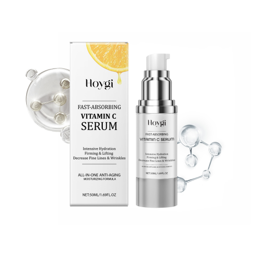 Hoygi Vitamin C Serum bottle with a silver pump next to its white and yellow box, surrounded by scientific molecular model graphics representing skincare ingredients.