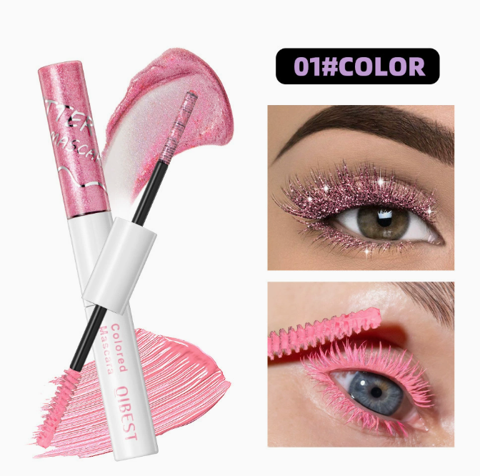 2 in 1 Dual End Mascara with Colored Shimmer and Matte Finish, Waterproof & Smudge Proof in pink shade showing shimmering glitter lashes and matte pink lashes application on eyes.