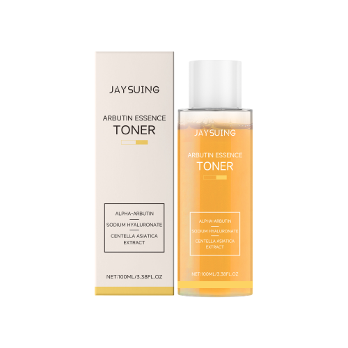 Jaysuing Arbutin Toner bottle with amber liquid and matching beige packaging featuring key ingredients Alpha-Arbutin, Sodium Hyaluronate, and Centella Asiatica Extract for skincare.