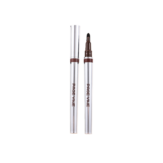 Two sleek silver liquid eyeliner pens with brown caps and fine tips, labeled "Waterproof Quick-Dry Liquid Eyeliner Pen - Long-Lasting, Smudge-Proof, Top Seller for Export" for precision eye makeup application.